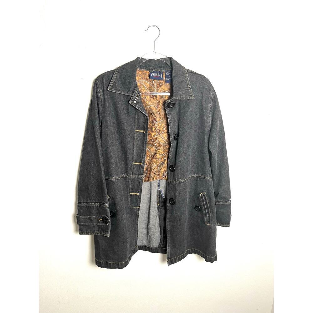 Bill Blass Jeanswear Black Denim Paisley Lined Barn Coat Jacket Womens 8